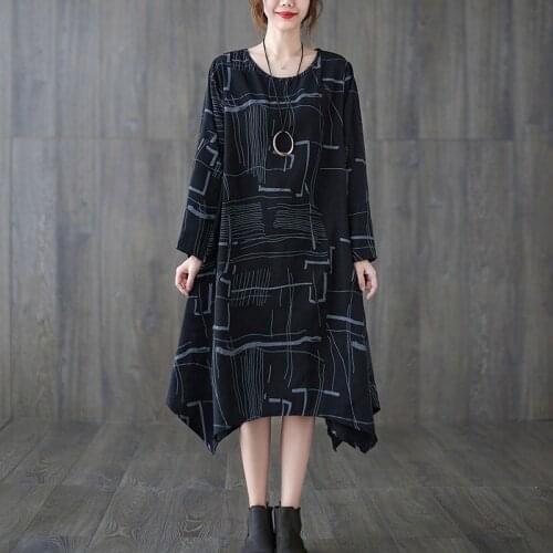 Oversized Women Casual Dress New Arrival 2021 Autumn Simple Style Vintage Print Loose Comfortable Female Long Dresses B998