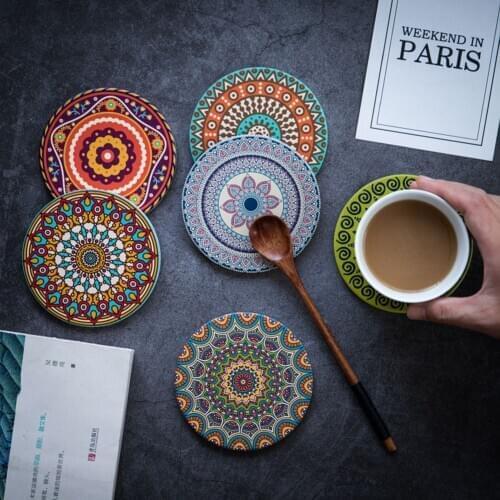 2020 New Kitchen Mats Ceramic Round Coasters Mandala Flower Printed Non-Slip Insulated Place Mat Wedding Supplies Hot Selling
