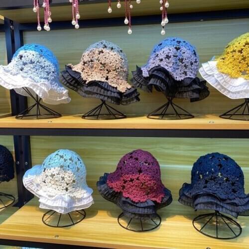 2020 Retro Straw Lace Baotou Hat Womens Summer Hand-woven Scarf Hat Hat Hat Lace Openwork Fisherman Hat UV Protection Sun Hat