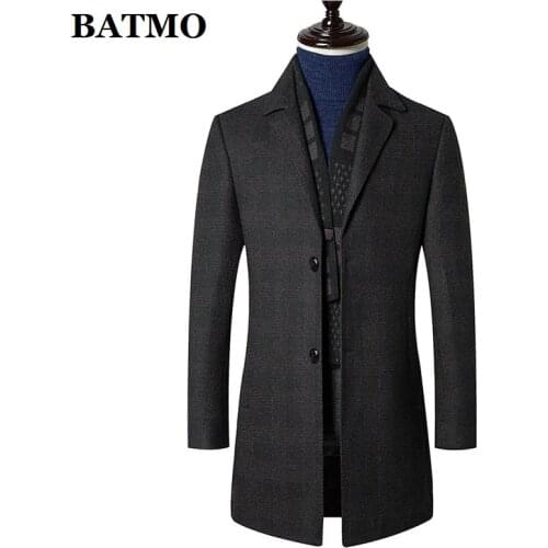 BATMO 2019 new arrival high quality wool plaid trench coat men,wool jackets ,1965