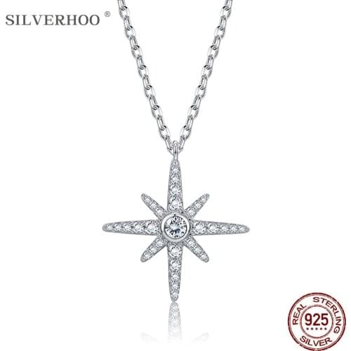 SILVERHOO 925 Sterling Silver Necklaces For Women Shining CZ Eight-Pointed Star Necklace Pendant Fine Jewelry Romantic Wedding