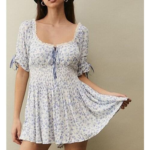 Jastie 2021 Summer Women Dress Floral Print Lace Square Neck Cuff Chest Bow Lace-Up Mini Dresses Bohemian Beach Party Dress