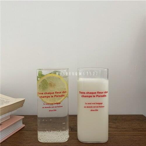 Korean Style Retro Romantic Red French Printing Square Glass Cup Milk Juice Simple Coffee Cup Office