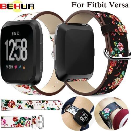 Watch Band Leather peony Print for Fitbit Versa Replacement Watch Accessories Wristbands Strap Bracelet Flower Strap Correa Relo