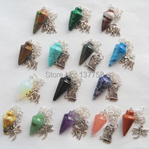 Min. Order is $10)15Pcs Beautiful Mixed Stone Pendulum With Tibet Pendant Bead D147
