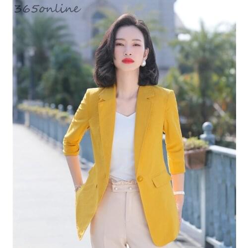 Fashion Styles Elegant Yellow Half Sleeve Blazers Jackets Coat for Women Business Work Wear Spring Summer OL Styles Blaser Tops