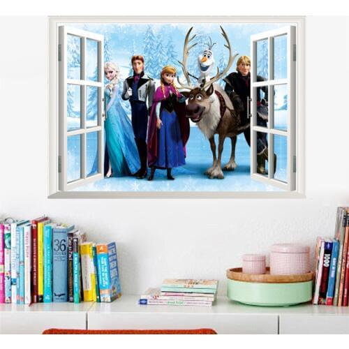 Cartoon Olaf Sven Kristoff Hans Anna Elsa 3d Window Frozen Wall Stickers Home Decoration Anime Movie Mural Art Kids Room Decals