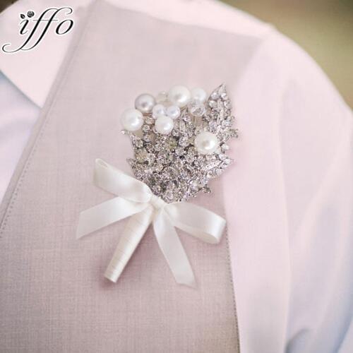 DIY Private customization senior groom corsages Crystal pearl brooch boutonniere Silver white ivory Men best man corsage