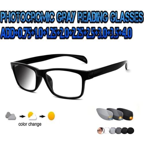 Trend Photochromic Gray Reading Glasses Squared Ultralight High Quality Fashion Men Women+1.0 +1.5 +1.75 +2.0 +2.5 +3 +3.5 +4
