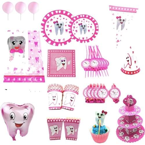 Pink Teeth Disposable Tableware Paper Plates Cups Foil Balloons Tablecloths Baby Shower Girls Birthday Party Supplies