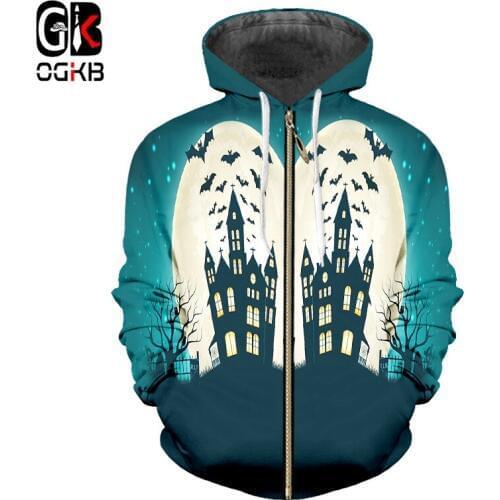 OGKB 3D Printed Woman Castle Bat Zip Hoodies Autumn New Style Halloween Coat Direct Selling Spandex Clothing