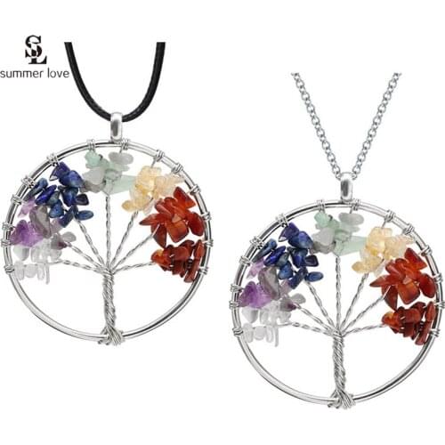 Natural Stone Round Tree Pendant Necklace Handmade 7 Chakra Quartz Crystal Necklace Statement Jewelry for Women