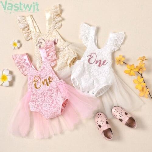 First 1st Birthday Christening Costume Infant Baby Girls Lace Tulle Rompers Jumpsuit Princess Mesh Tutu Dress Baptism Clothing