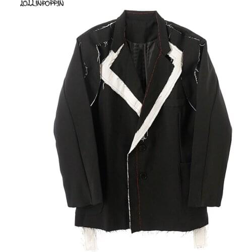 Raw Edge Patchwork Designer Men Casual Suit Jacket Notched Lapel Two-Buttons Single Breasted Side Ribbon Destroyed Blazer Loose