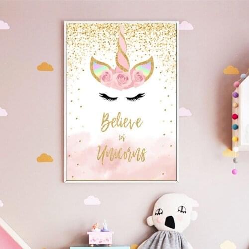 Self-adhesive Wall Stickers Cartoon Pink Gold Unicorn Painting Wall Art Posters Print Home Decor Wallpapers Room Decoration