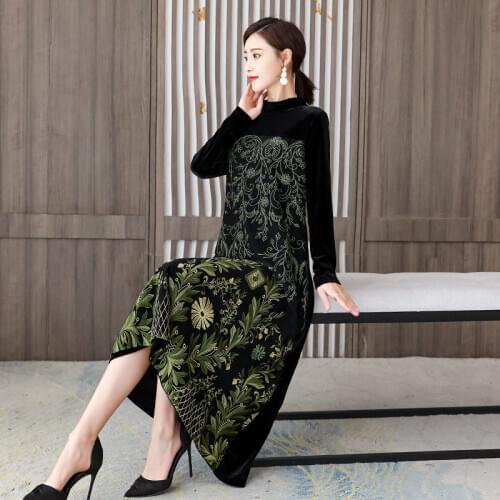 Vintage Stand Collar Fashion Embroidery Long Sleeve Gold Velvet Dress Female Temperament Loose Patchwork Elegant Vestidos y860