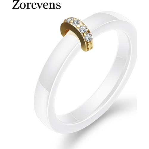 ZORCVENS Gold Color Ceramic Ring Cubic Zirconia Women Jewelry Black And White Color Engagement Wedding Ring For Women