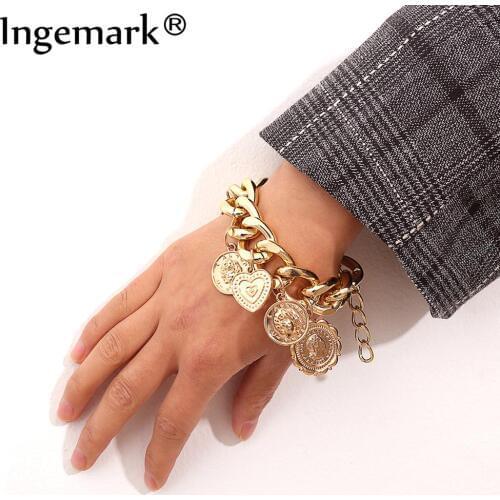 Ingemark Punk Carved Coin Heart Bracelet Bangle Bohemian Circle Queen Thick Chain Tassel Pendant Bracelet Women Jewelry