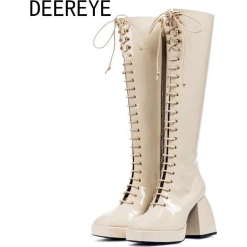 Designer Shoes Winter Lace-Up Womens Knee High Platform Boots Chunky Kitten Heel 9CM Patent Leather Square Toe Dress Party 2021