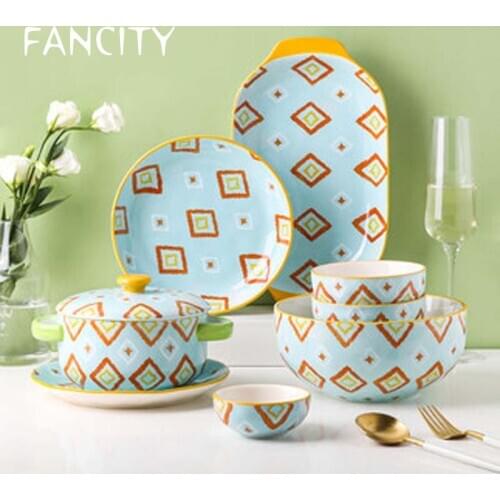 FANCITY Lingge Japanese Tableware Rice Bowl Instant Noodle Bowl Big Soup Bowl Household Creative Personality Ceramic Bowl Plate