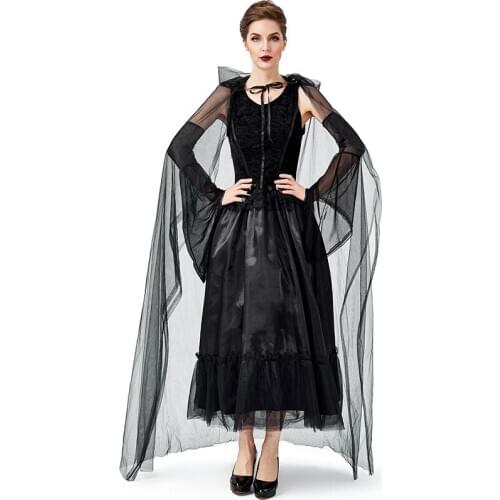 Halloween Black Gothic Witch Costume for Adult Women Carnival Fantasia Witch Cosplay Game Role Party Funny Dress