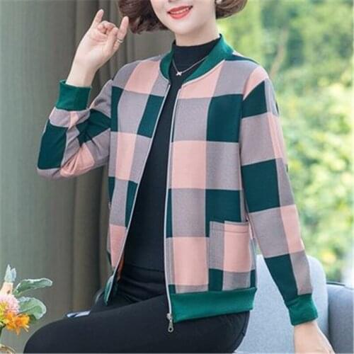 Middle-Aged Mother Spring Autumn Short Jacket 2021 Fashion New Stand Collar Long Sleeve Loose Plaid Top Trendy H309