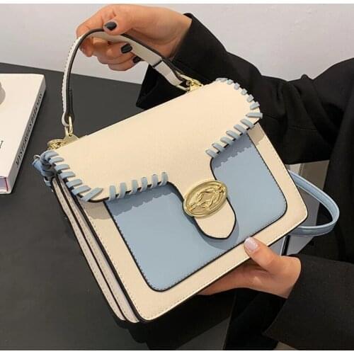 Contrast color Square Tote bag 2021 New High-quality PU Leather Womens Designer Handbag Luxury brand Shoulder Messenger Bag