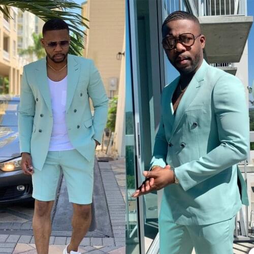 Summer Short Mens Tuxedos Double Breasted Plus Size Business Wedding Blazer Suits Formal Prom Party Coat(Jacket+Pants)