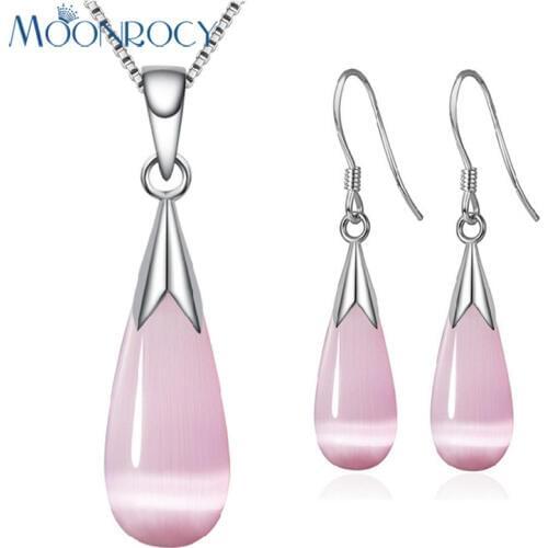 MOONROCY Silver Color Jewelry Set Waterdrop Pink Opal Necklace and Earrings Vintage Jewelry for Women Dropshipping Wholesale