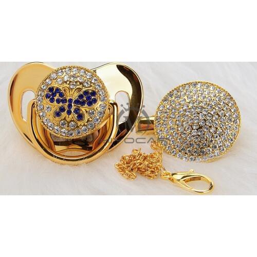 MIYOCAR Bling pacifier and clip set bling blue butterfly pacifier chain holder bling butterfly pacifier unique design ABBF-8