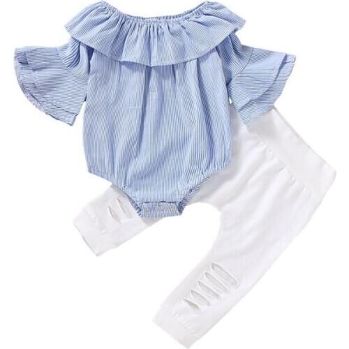 Newborn Baby Girl Clothes Long Flare Sleeve Striped Romper Jumpsuit +Long Hole Pants Leggings Outfit 2PCS Clothes
