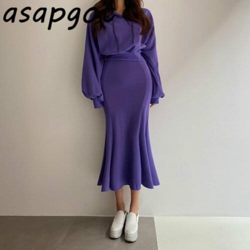 Autumn Casual Wild Hooded Cotton Puff Sleeve Hoodies Tops Slim Elastic High Waist Mid-length Mermaid Skirt Fashion Retro Chic
