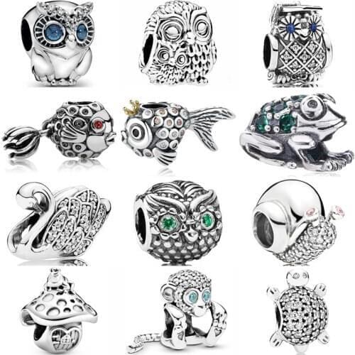 DIY Charm Sparkling Owl Monkey Sea Turtle Crown Fish Majestic Swan Frog 925 Sterling Silver Beads Fit Pandora Bracelet Jewelry