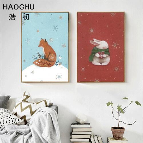 HAOCHU Modern Nordic Minimalist Landscape Animal Fox Rabbit Snow Wall Picture Artwork Poster Canvas Painting Home Bedroom Decor