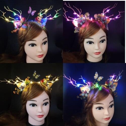 Glowing Light Gothic Pompon Antler Headdress Deer Horn Tree Branches Headband Vintage Wedding Cosplay Birthday Party Gift