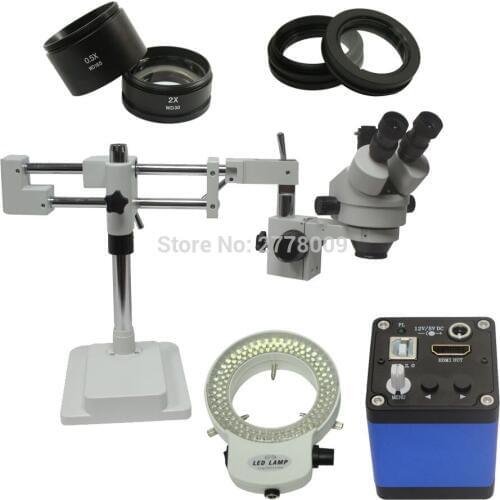3.5X-90X Double Arm Boom Stand Trinocular Stereo Zoom Microscope With 1080P HDMI Camera 144 LED Light Source Mobile CPU Repair