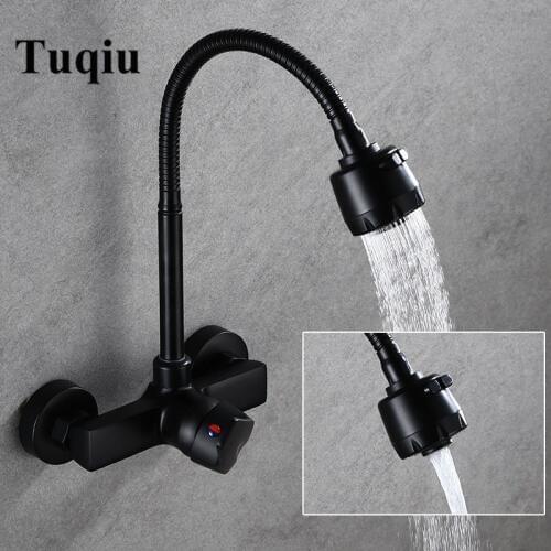 Tuqiu Swivel Kitchen Faucet Wall mounted Kitchen Tap Single Handle Brass Material Black Swivel Sink Mixer Tap