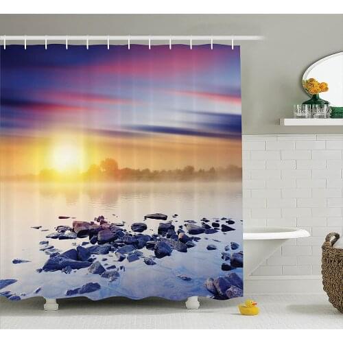 Lake House Shower Curtain Magic Summer Sunset in The River with Northern Lights in The Sky Rocks Universe Art Bathroom Curtains