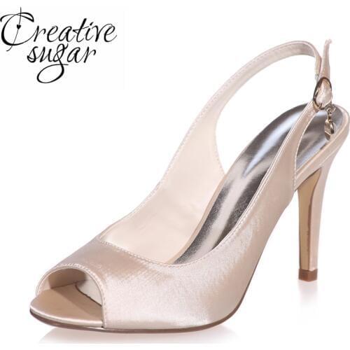 Creativesugar concise slingback open toe woman satin dress shoes bridal wedding party banquet high heels white ivory silver blue