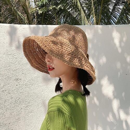 Johnature 2021 Summer New Casual Korean Vacation Sunscreen 7 Colors Women Straw Hats All-match Knitting Bow Female Hats