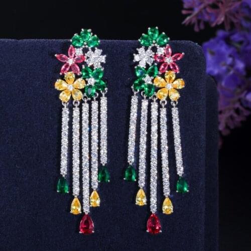 QTT Womens 925 Sterling Silver Dazzling Dangle Earring Flower Long Hanging Tassel Earrings Elegant Temperament Wedding Jewelry