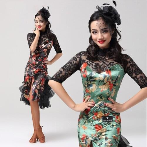 Latin Dance Dress Female Printing Lace Velvet Long Sleeve Dresses Performance Wear Adults Competition Exercise Clothing PY013