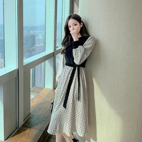 2021 Korean Spring New Contrast Stitching Pleated Lace-Up Long-Sleeved Wave Point One Piece Trend Stylish WomenS Clothing Dress