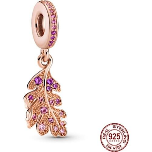 100% Real 925 Sterling Silver Rose Gold Leaf Pendant Fit Original 3mm Bracelet&Bangle Making Fashion DIY Jewelry For Women