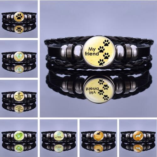 Cute Dog Paw Glass Cabochon Snap Button Bracelet Bangle Dog Paw Black Leather Bracelet Fashion Accessories for Men Women