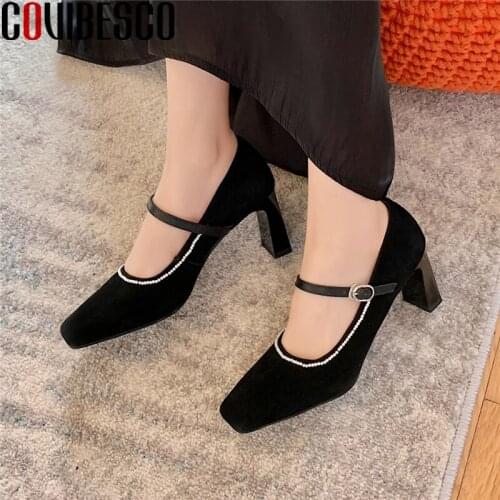 COVIBESCO Retro Elegant Mary Janes Women Pumps Square Toe High Heels Shoes Woman String Bead Kid Suede Pumps Office Casual Party