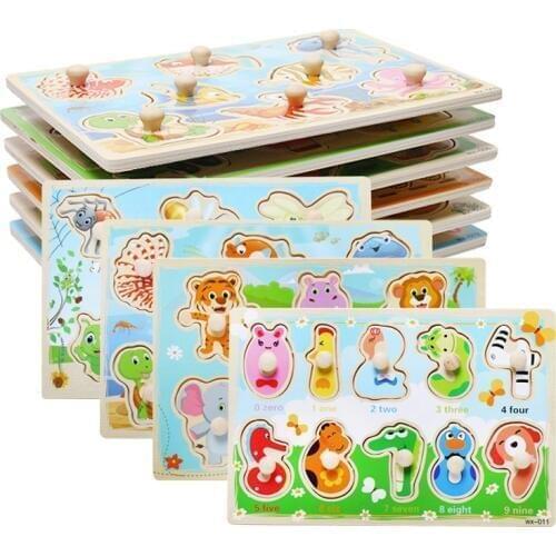 Baby Hand Grab Board Wooden Puzzle Toys Infant Early Educational Learning toy hand grip Animal Fruit Vehicle Puzzle For Kids