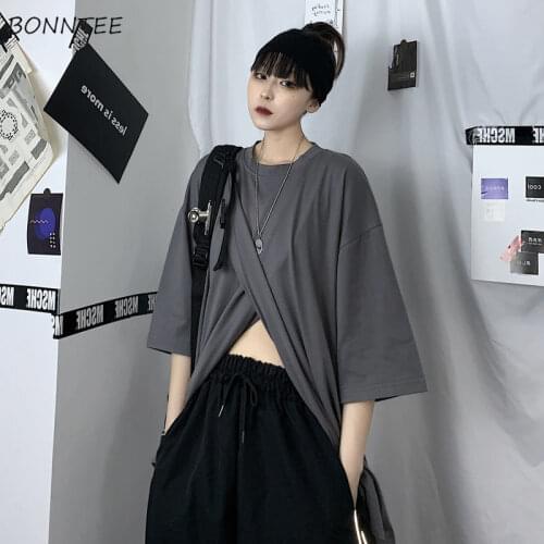 T-shirts Women Irregular Gothic Loose Harajuku Fashion Patchwork Bf Ulzzang Oversize Couples Tops Solid All-match Unisex Slit