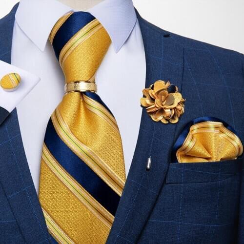 New Fashion Men Yellow Wide Blue Striped Silk Ties Brooch Hanky Cufflinks Tie Ring Set Wedding Tie Formal Dress Cravat DiBanGu
