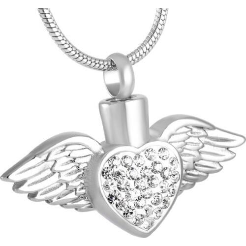 IJD8496 Hot Selling Crystal Angel Feather Heart cremation jewelry high polished stainless steel memorial urn pendant for Pet
